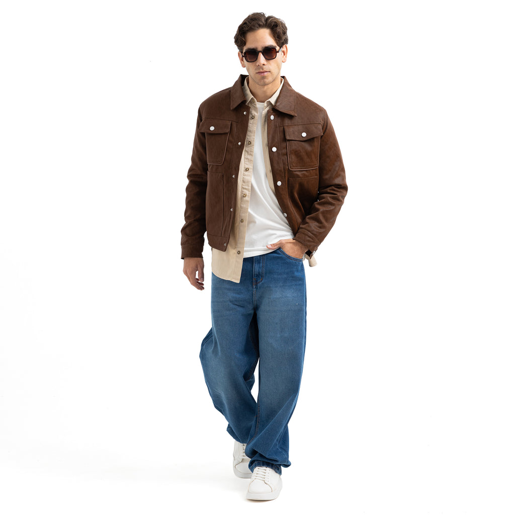 Regular Fit Basic Button-Front Leather Jacket