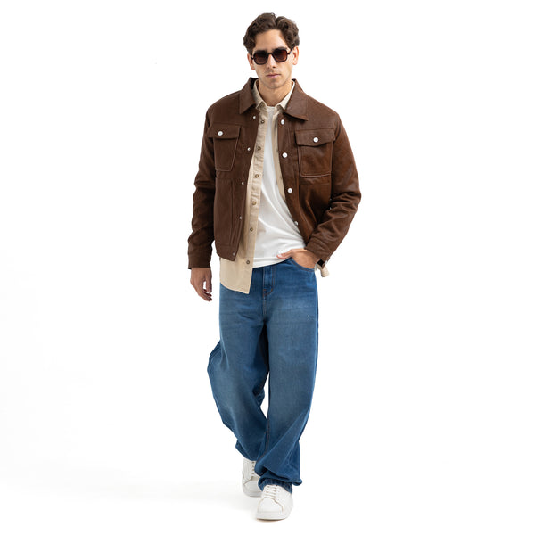 Regular Fit Basic Button-Front Leather Jacket