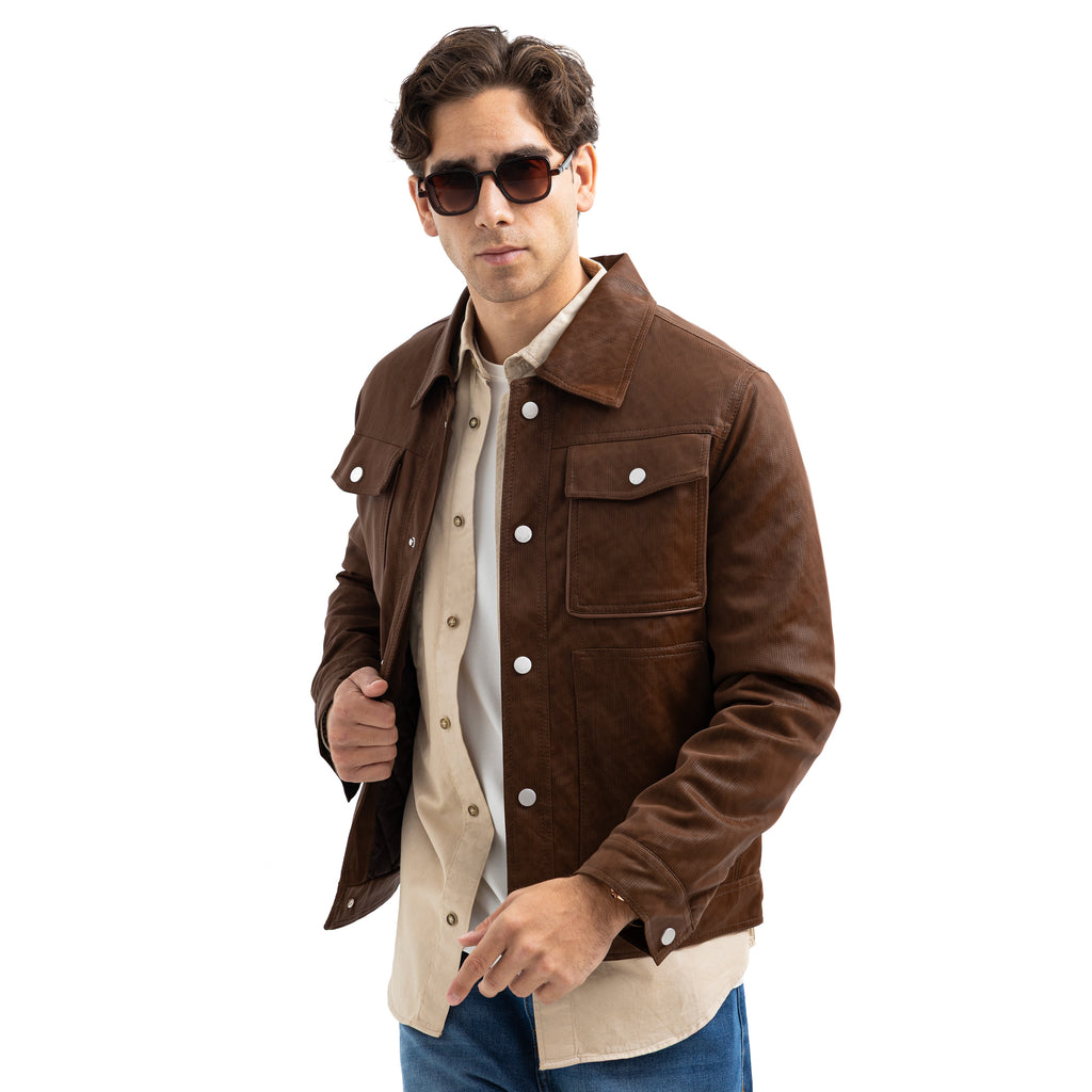 Regular Fit Basic Button-Front Leather Jacket
