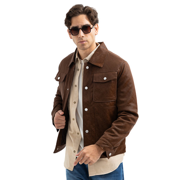 Regular Fit Basic Button-Front Leather Jacket
