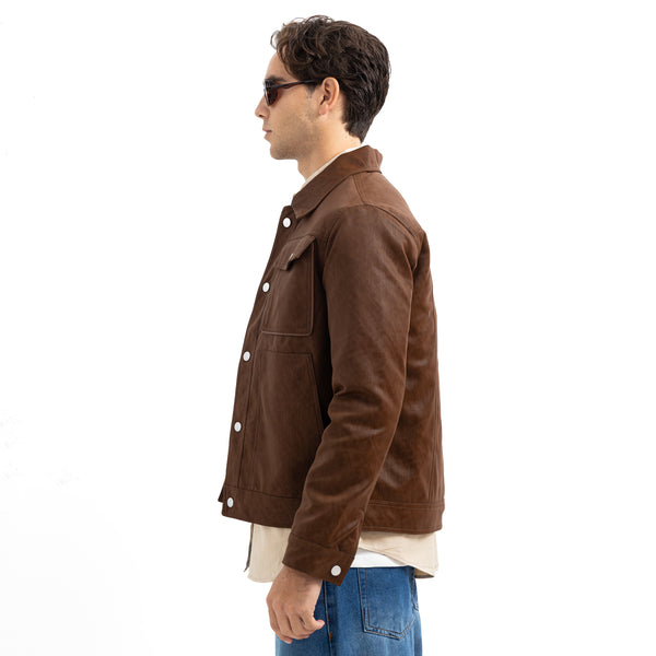 Regular Fit Basic Button-Front Leather Jacket