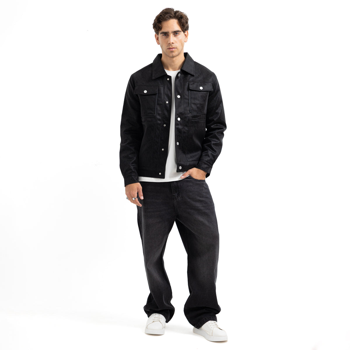 Regular Fit Basic Button-Front Leather Jacket