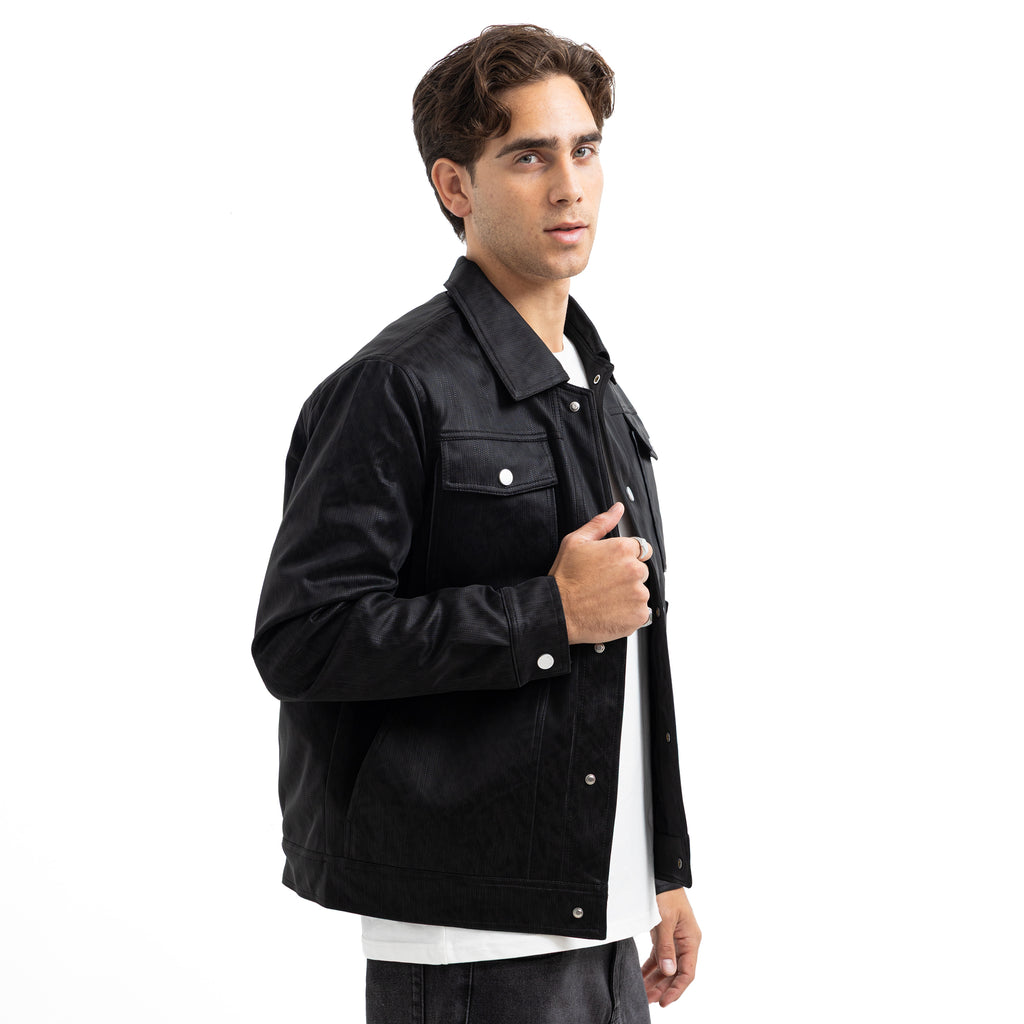 Regular Fit Basic Button-Front Leather Jacket