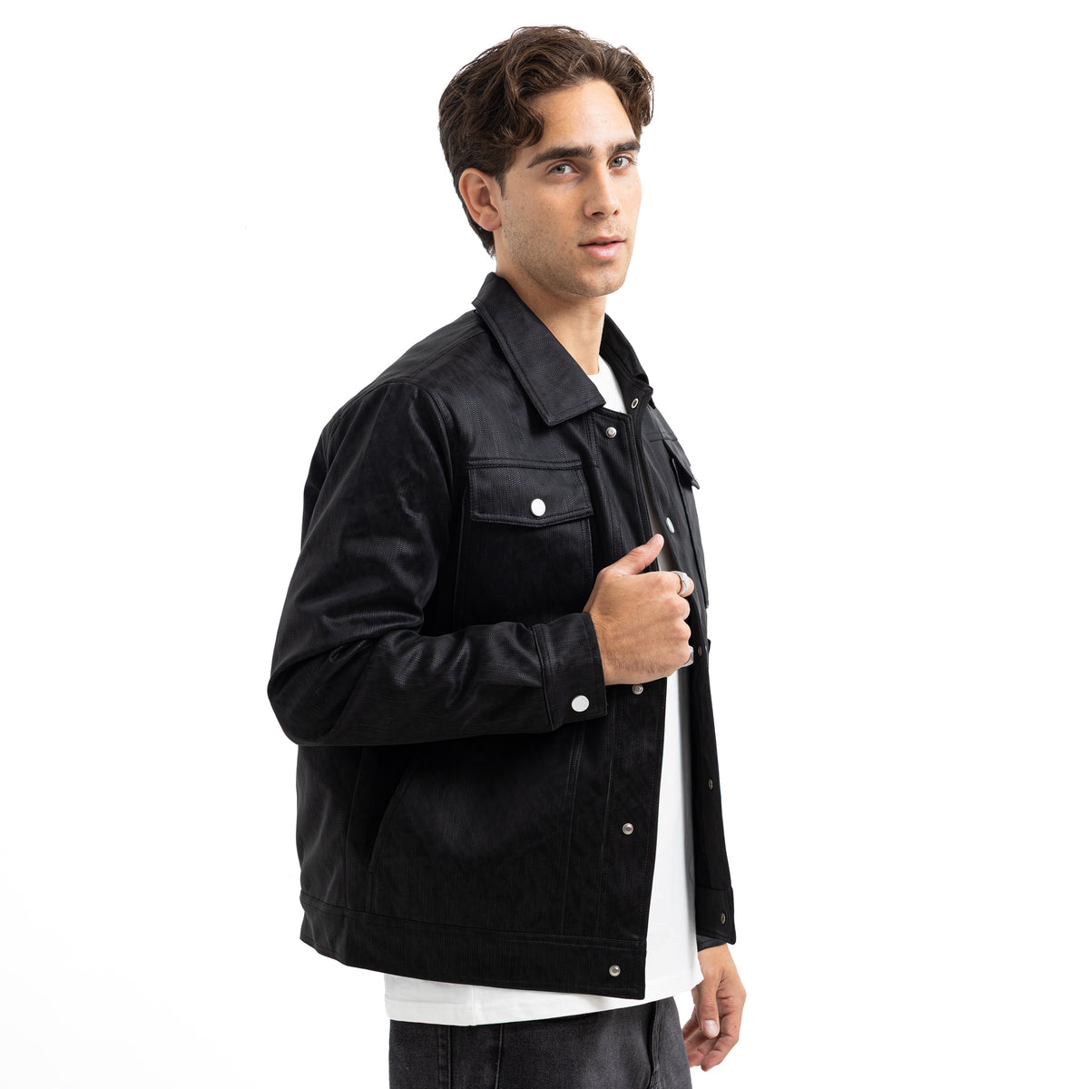 Regular Fit Basic Button-Front Leather Jacket