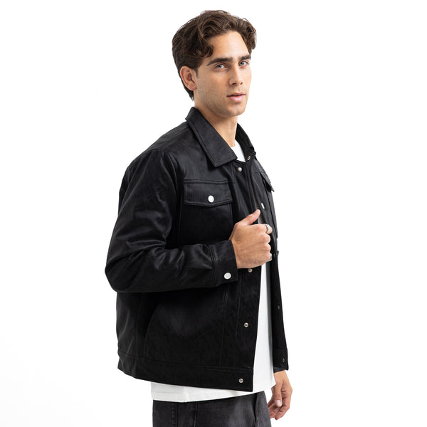Regular Fit Basic Button-Front Leather Jacket